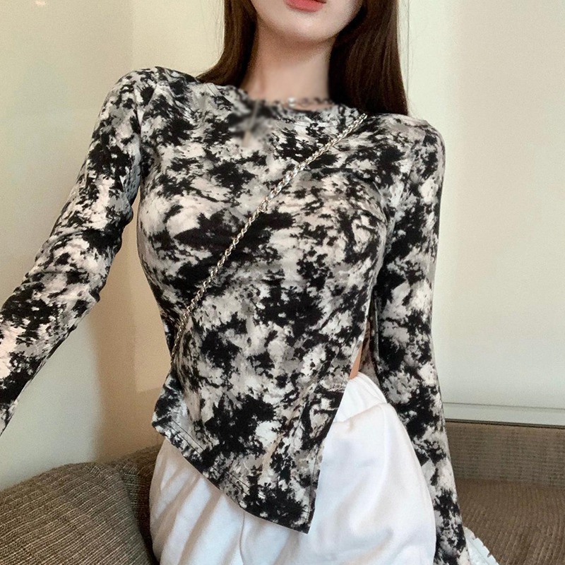 Áo thun dài tay cổ tròn màu nhuộm phong cách Hàn Quốc