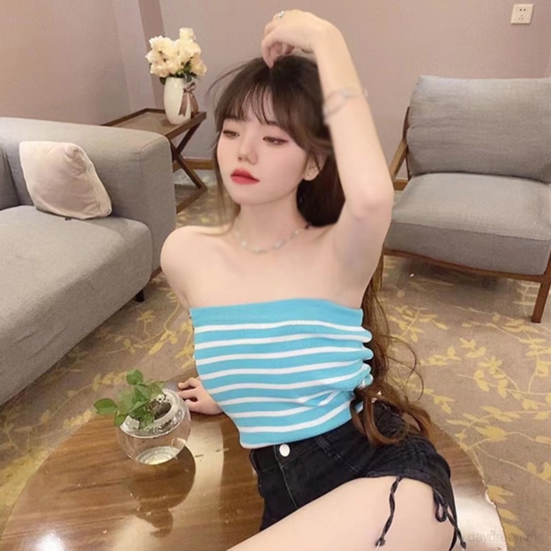 Áo Croptop Dệt Kim Không Tay Họa Tiết Kẻ Sọc Thời Trang