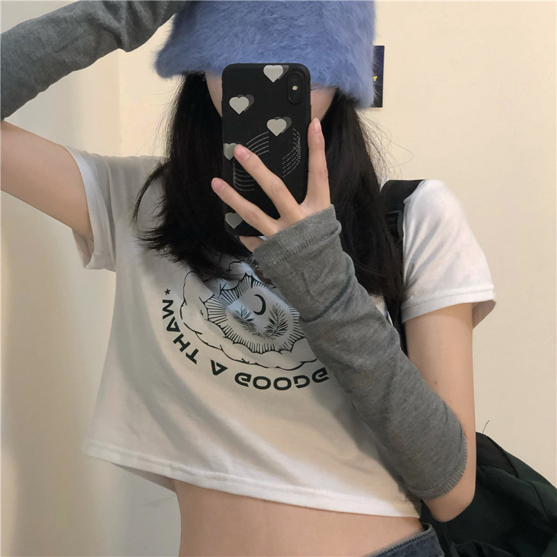Áo croptop tay ngắn in họa tiết thời trang phong cách Hàn Quốc cho nữ