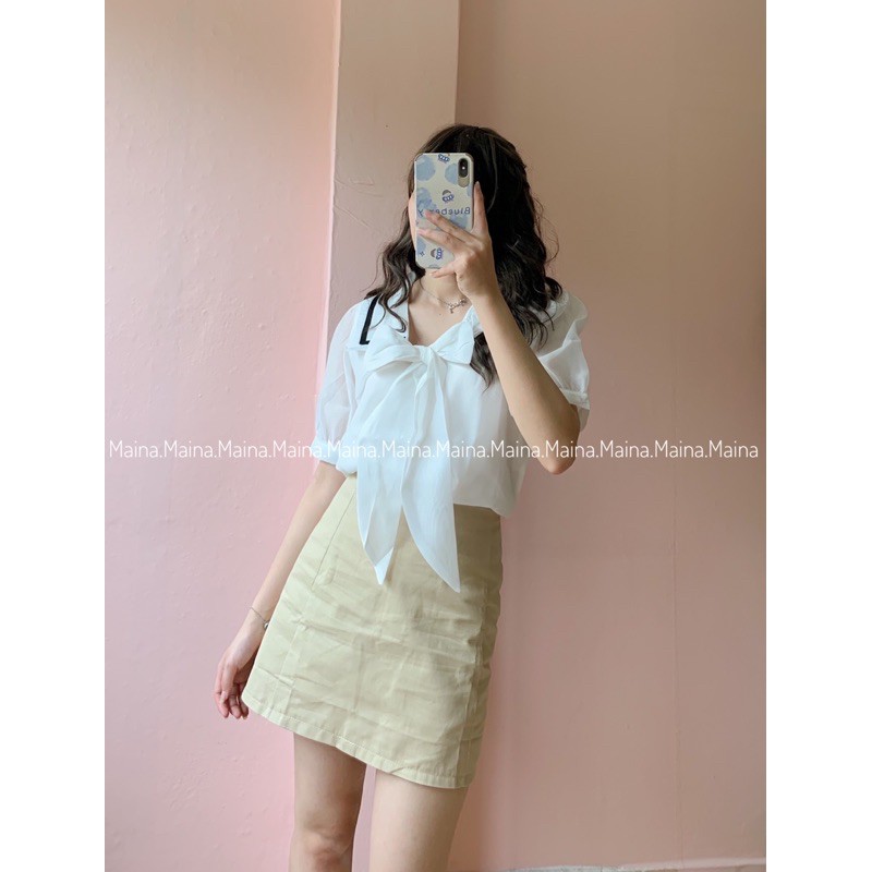 Set Áo sơ mi voan thắt nơ viền cổ cộc tay và chân váy kaki có tách lẻ( ảnh thật/sẵn)