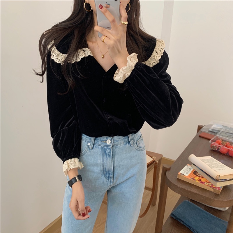 Áo nhung SUXI tay dài cổ chữ V phối ren phong cách cổ điển Hàn Quốc