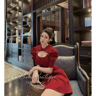 Đầm nhung tay phồng hở cổ phối ren chất vải nhung cao cấp - G0T