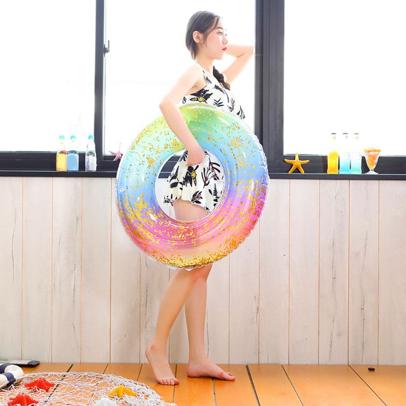 Phao Bơi Bơm Hơi Tròn Màu Cầu Vồng Đính Sequin Lấp Lánh