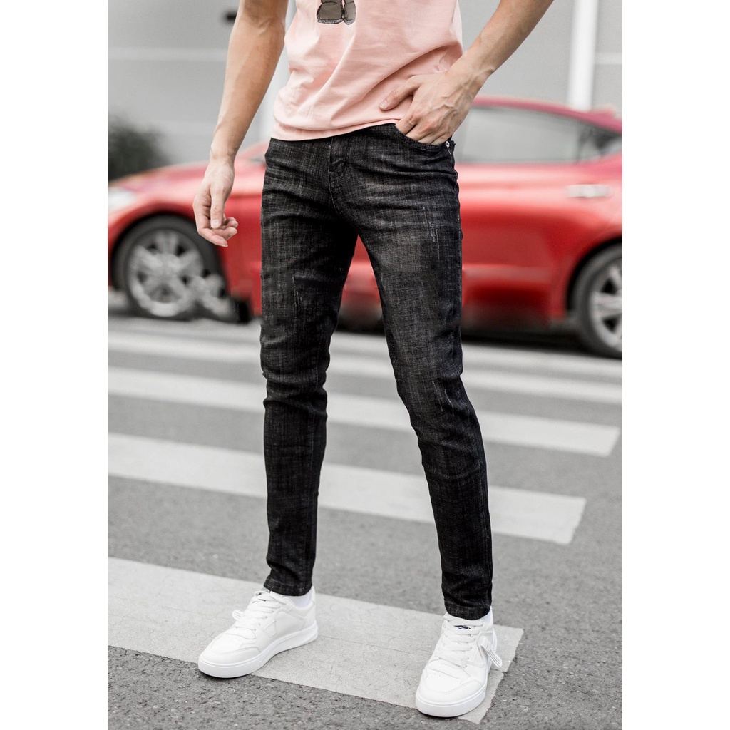 Quần Jeans Nam Đen Xước Dáng Ôm Phong Cách Trẻ Trung Vải Đẹp Ít Phai Màu