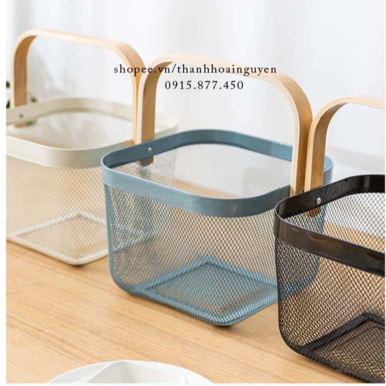 Giỏ đựng đồ sang trọng tay cầm gỗ phong cách Bắc Âu ( Rổ Sắt to đi picnic đựng hoa quả đồ ăn vặt vintage )