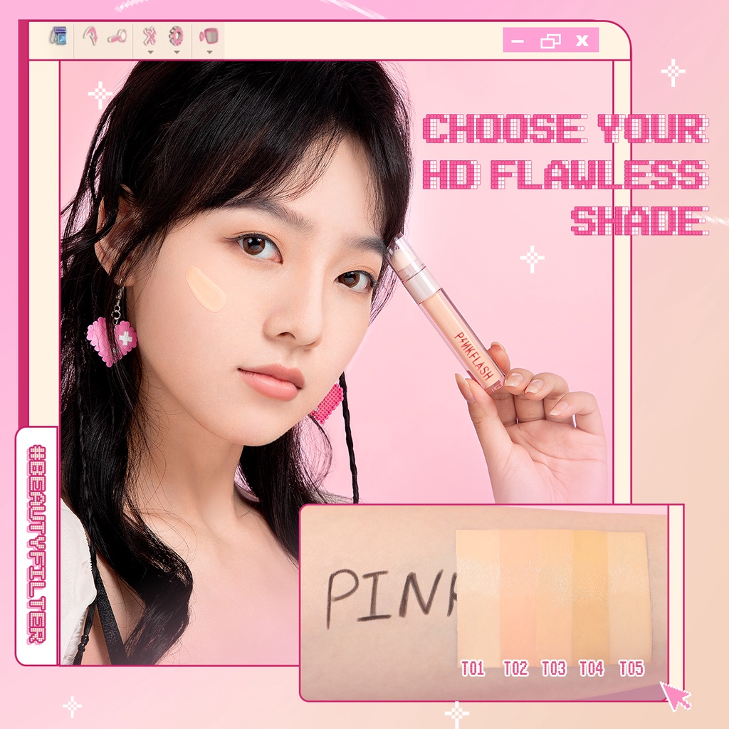 PINKFLASH #Kem Che Khuyết Điểm Dạng Lỏng HD Không Tì Vết Với Cọ Xốp Dưỡng Ẩm Thoáng Khí Lâu Trôi Không Gây Dị Ứng