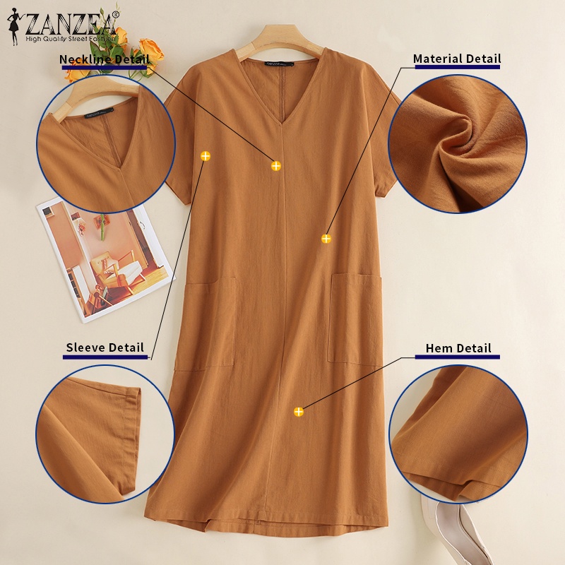 Đầm midi ZANZEA tay ngắn cổ chữ V phong cách châu Âu thời trang cho nữ