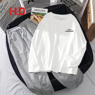 Áo thun dài tay dáng xuông chữ ngực quần trơn chun gấu( có lẻ)