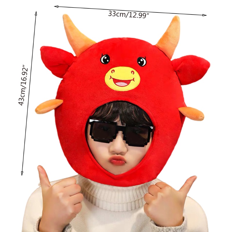 Mũ Nhồi Bông Hình Chú Bò Đỏ Ox Vui Nhộn Hóa Trang Năm Mới