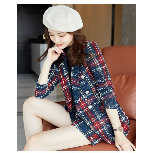 Hàng nhập - Set bộ vest nữ short dạ tweet kẻ caro, sét đồ thời trang quần áo blazer ngắn sang trọng