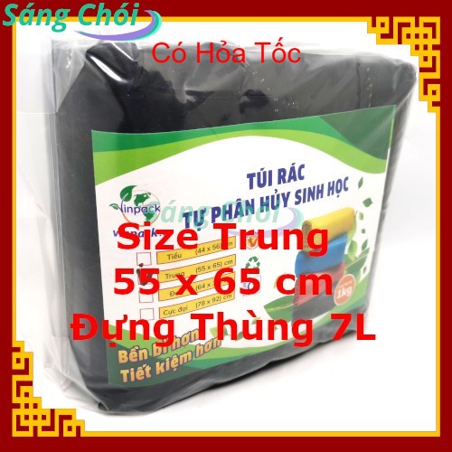 1kg [Size Trung 55 x 65 cm Đựng Thùng 7L] Túi Đựng Rác Cuộn Tự Phân Hủy Sinh Học Đen (Túi Rác 3 Cuộn) - Vinpack