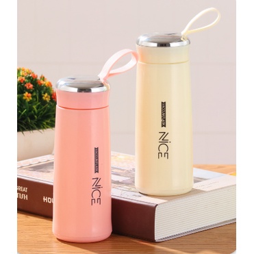 Bình nước pastel có chữ quai xách BN37 giữ nhiệt thuỷ tinh bọc nhựa 400ml