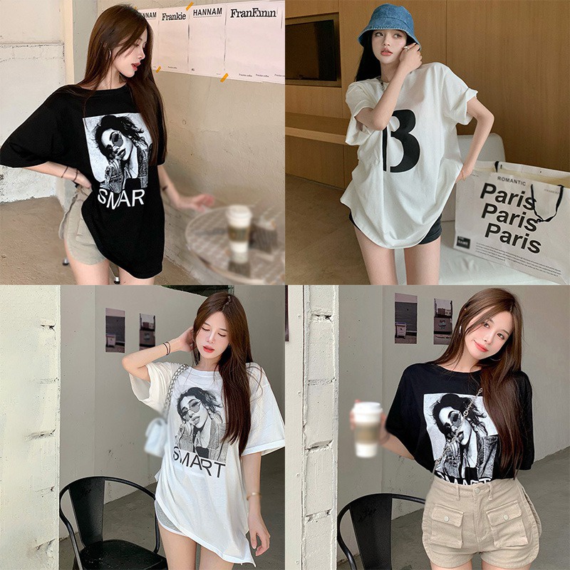 Áo Thun Nữ Ngắn Tay Cổ Tròn In Chữ Phong Cách Hàn Quốc