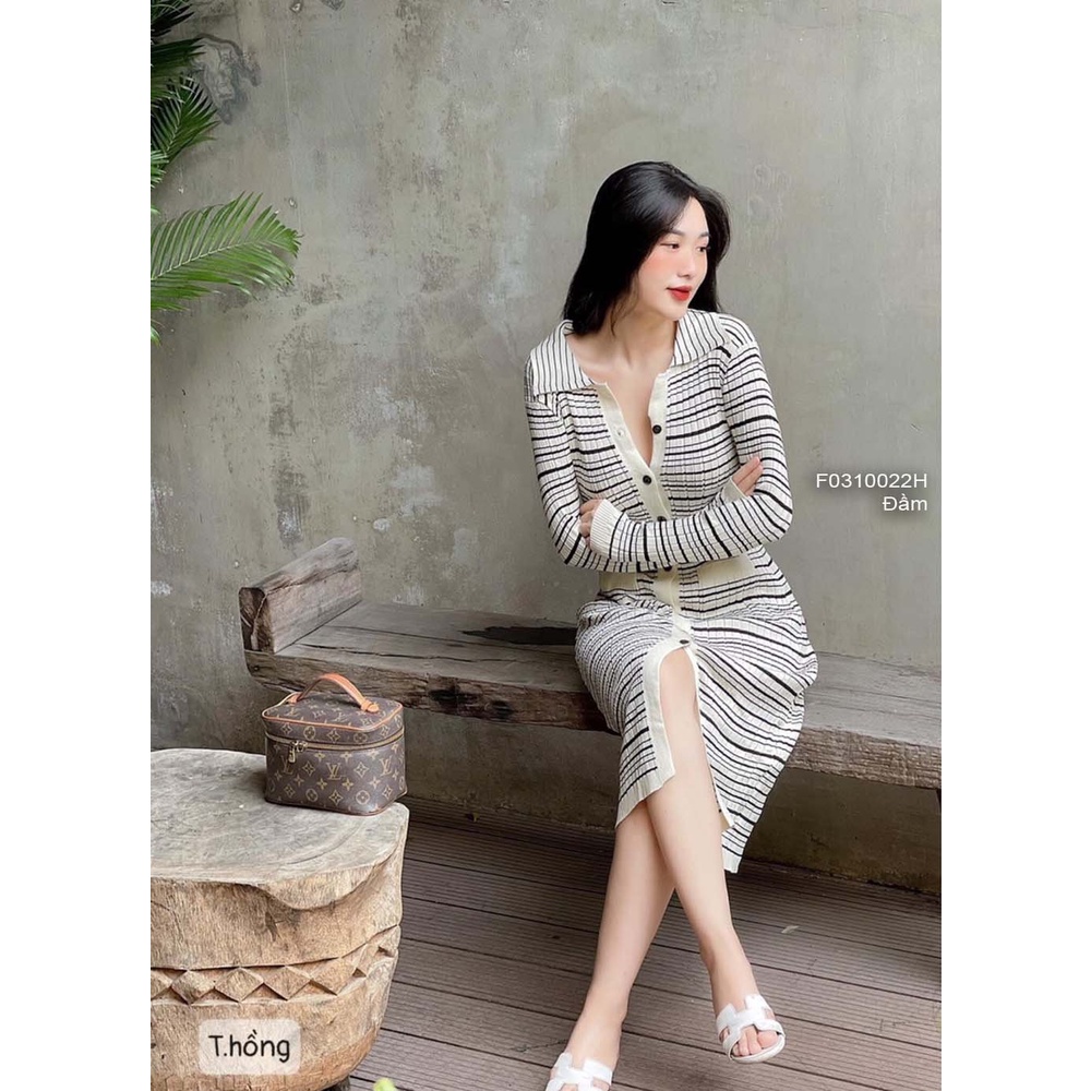 Đầm ôm body len nút kẻ sọc cổ bẻ tay dài hàng QC!