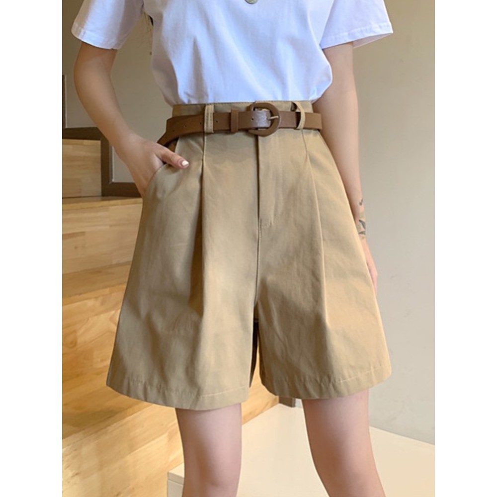 Korean fashion high waist slimming loose straight wide leg casual five-point pants women (plus belt)