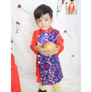 Áo dài cách tân bé trai họa tiết đỏ xanh chất liệu gấm cao cấp