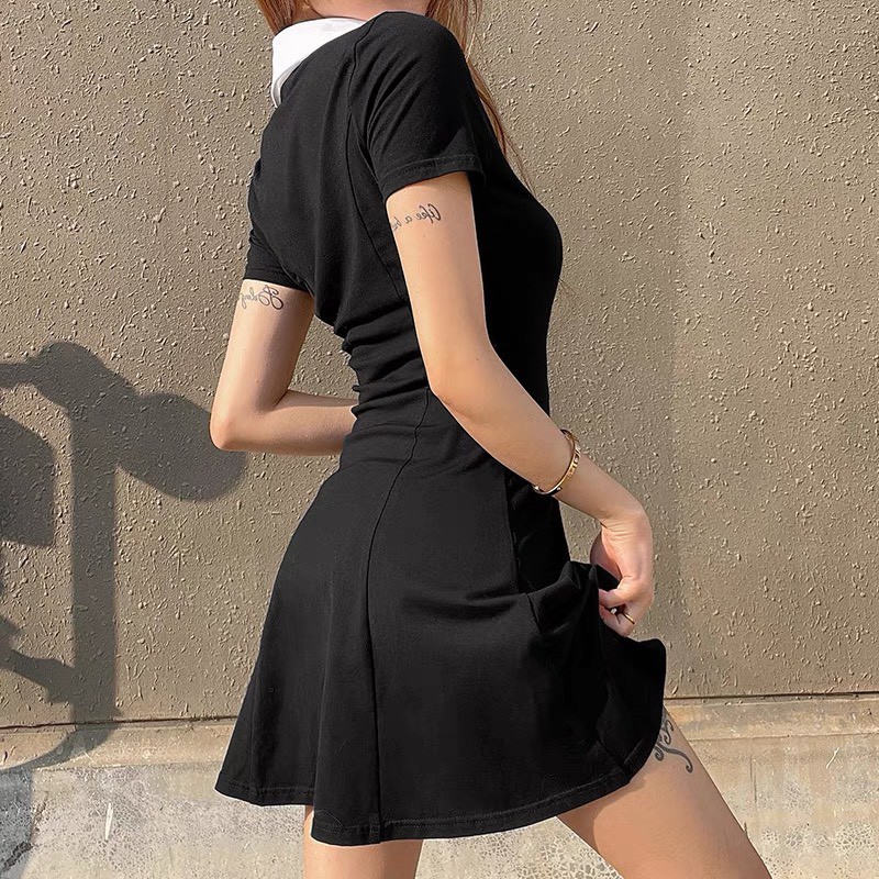đầm polo ⚡Bán Lỗ⚡Đầm nữ cổ sơ mi dáng ôm body, thun cộc tay màu ĐEN  Ulzzang [v07] | BigBuy360 - bigbuy360.vn