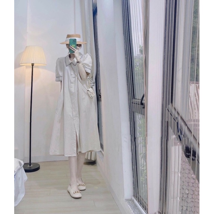 Váy bầu cổ viền dáng suông đi làm đi chơi đều đẹp