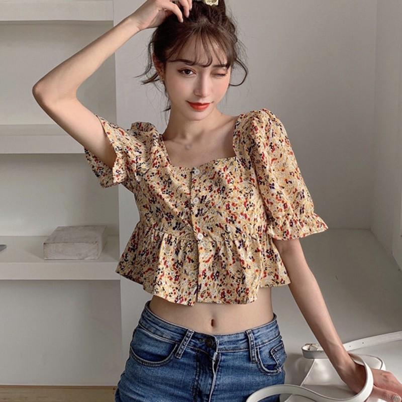 Áo Kiểu Chiffon Cổ Vuông In Họa Tiết Hoa Xinh Xắn Phong Cách Hàn Quốc