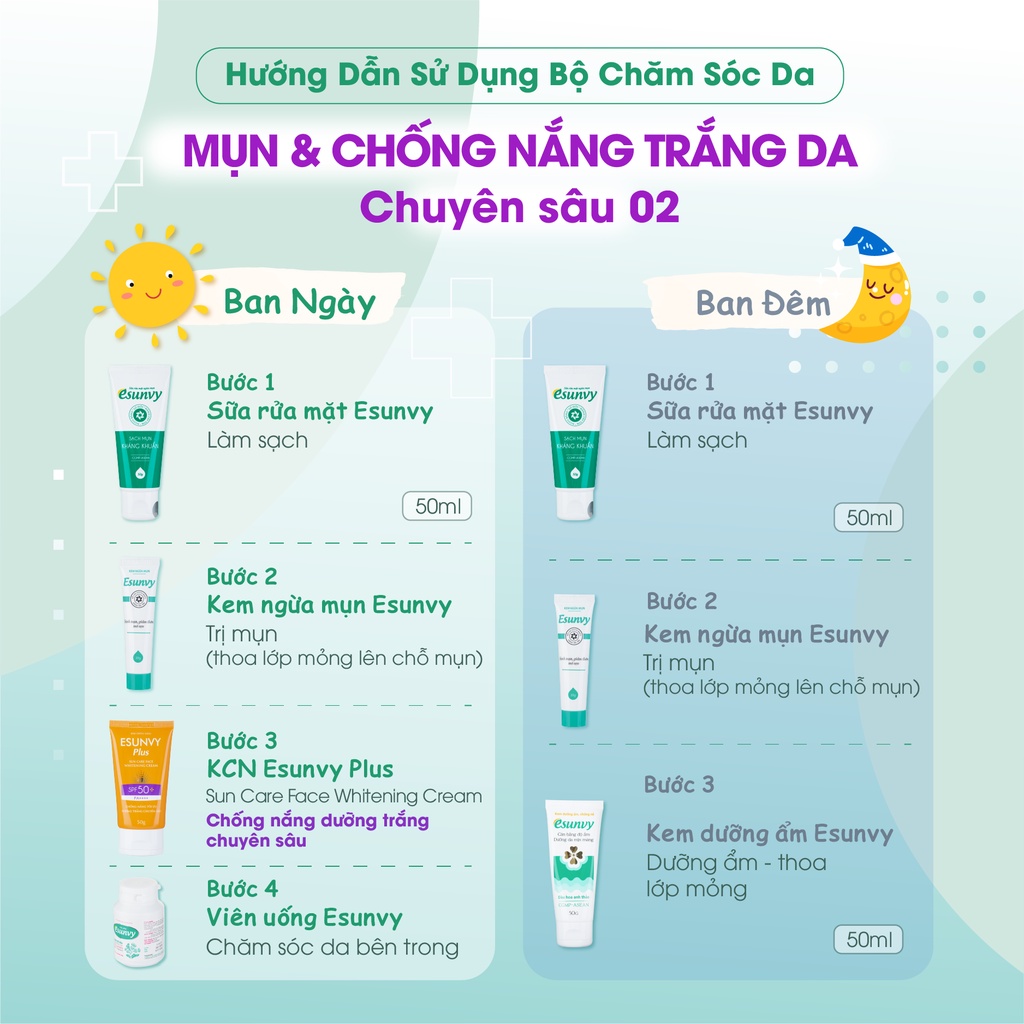 Bộ Chăm Sóc Da Mụn & Chống Nắng Trắng Da Chuyên Sâu Esunvy - Giúp Sạch Mụn, Hết Thâm, Mờ Sẹo, An Toàn, Hiệu Quả CSDMCNTD