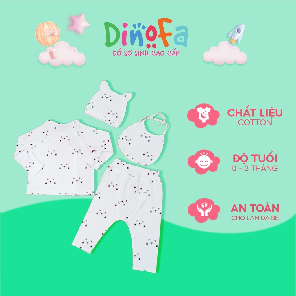 Bộ quần áo trẻ em sơ sinh đồ bộ bé trai bé gái dài tay, cúc chéo cotton, Set 4 món trẻ sơ sinh 0-3m, họa tiết gấu_B06