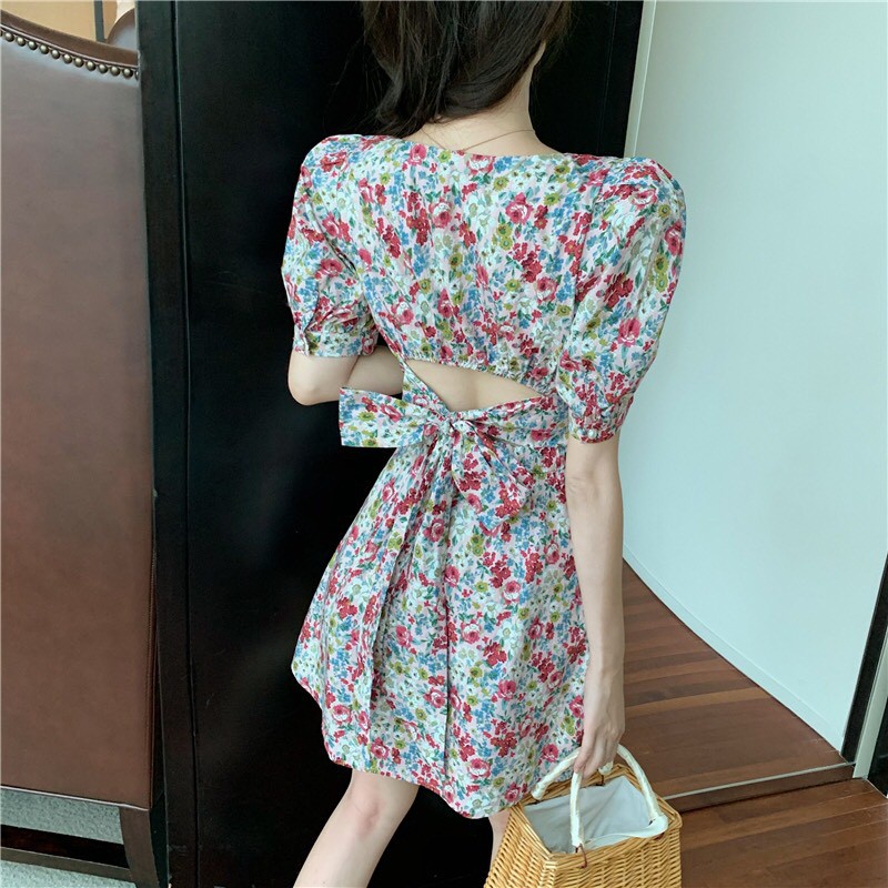 VÁY HOA NHÍ TAY BỒNG CỔ VUÔNG THẮT NƠ LƯNG HỒNG TÍM - VÁY HOA TÍM TIỂU THƯ