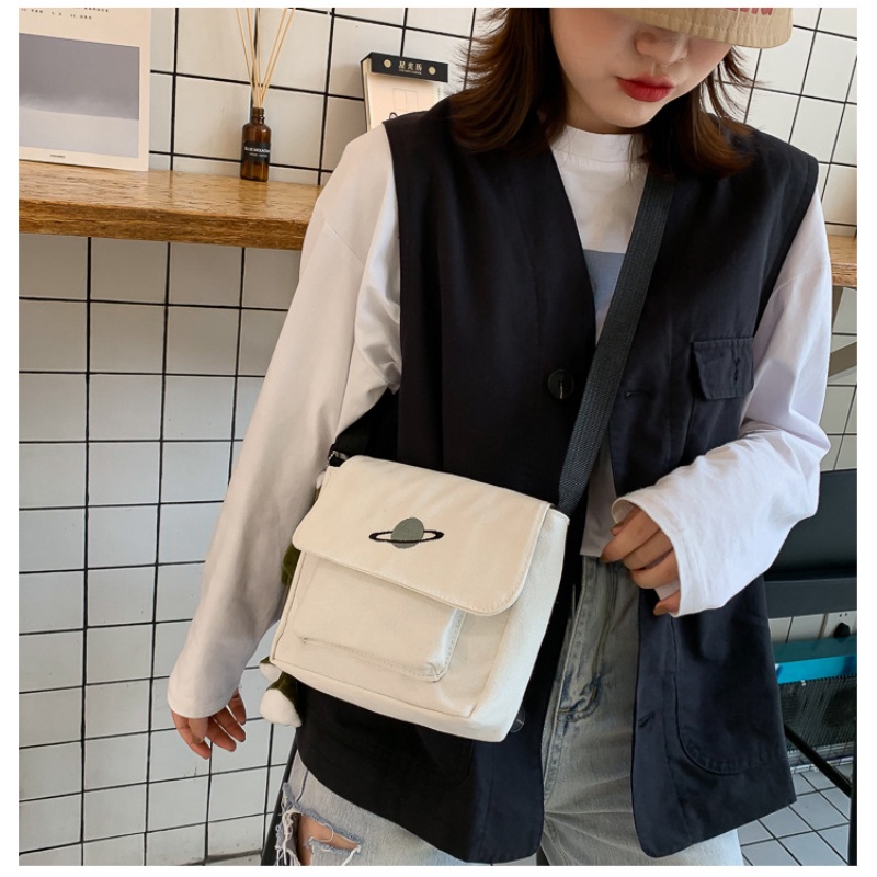 Túi Đeo Vai Vải Canvas Có Sức Chứa Lớn Họa Tiết Hành Tinh Phong Cách Harajuku Dành Cho Nữ Sinh