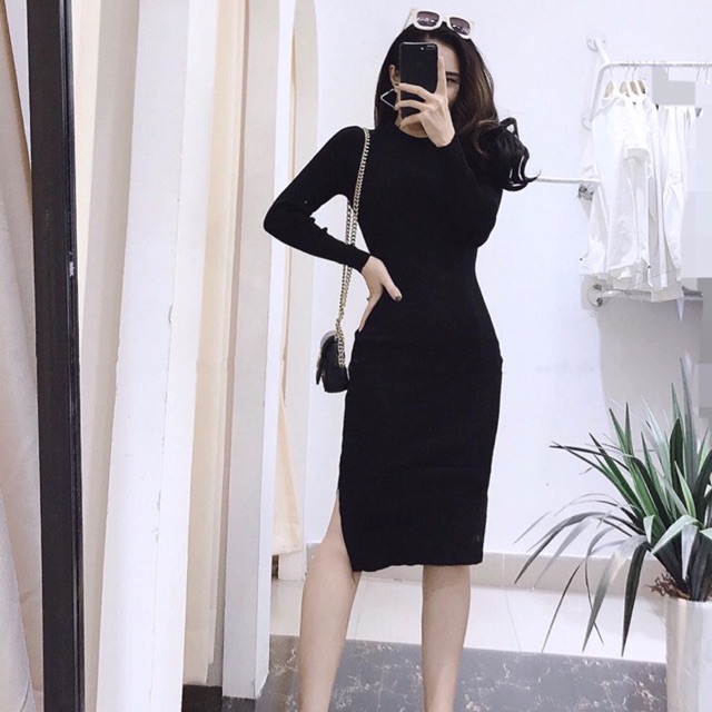 Váy body thun gân xẻ hông