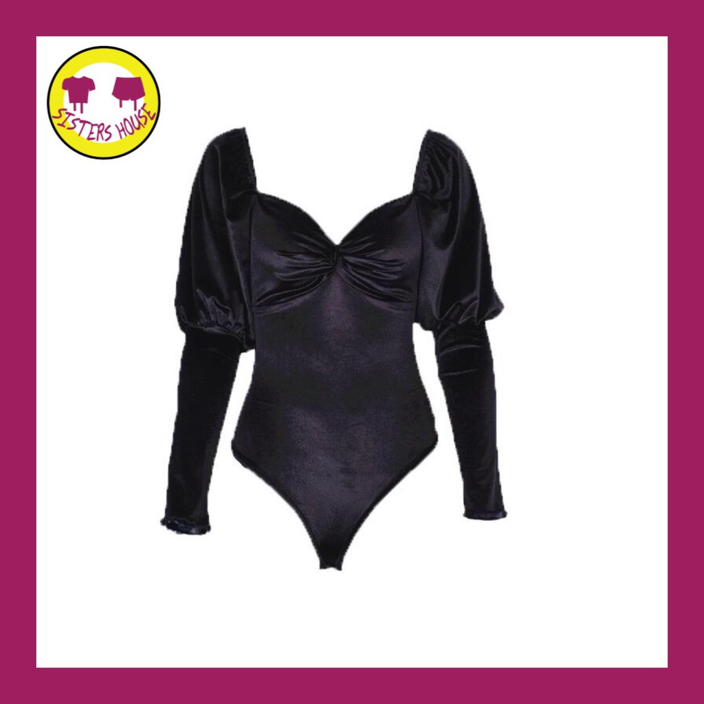 Bodysuit Nữ Ôm Nhung Cúp Ngực Đen Tay Phồng Dài