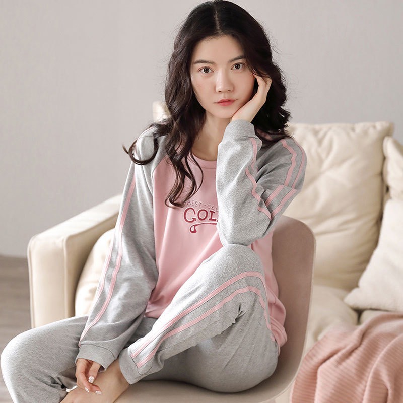 Bộ cotton thu đông mặc nhà bo gấu Quảng Châu cao cấp co giãn 4 chiều raglan hồng phối ghi N2108