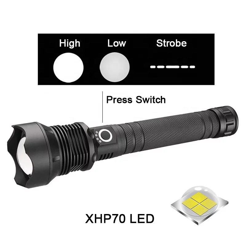 Đèn pin siêu sáng XHP70.2 lumen 3800  sạc USB pin 26650 chế độ chiếu sáng 3 cấp vỏ hợp kim nhôm siêu cứng