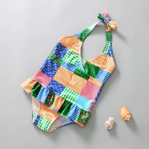 Bộ đồ bơi bikini liền thân họa tiết ô vuông mùa hè dễ thương cho bé gái