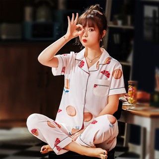 Bộ pijama lụa cao cấp đồ ngủ nữ họa tiết trái cây dễ thương tay ngắn quần dài BT156