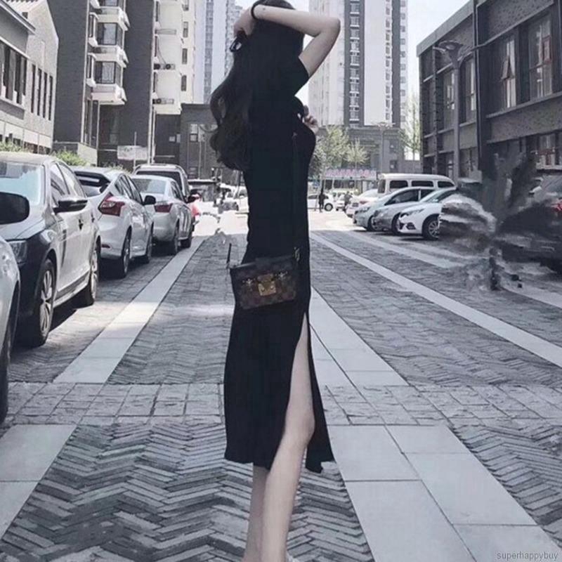 Đầm đen trơn xẻ tà phong cách vintage quyến rũ cho nữ | BigBuy360 - bigbuy360.vn