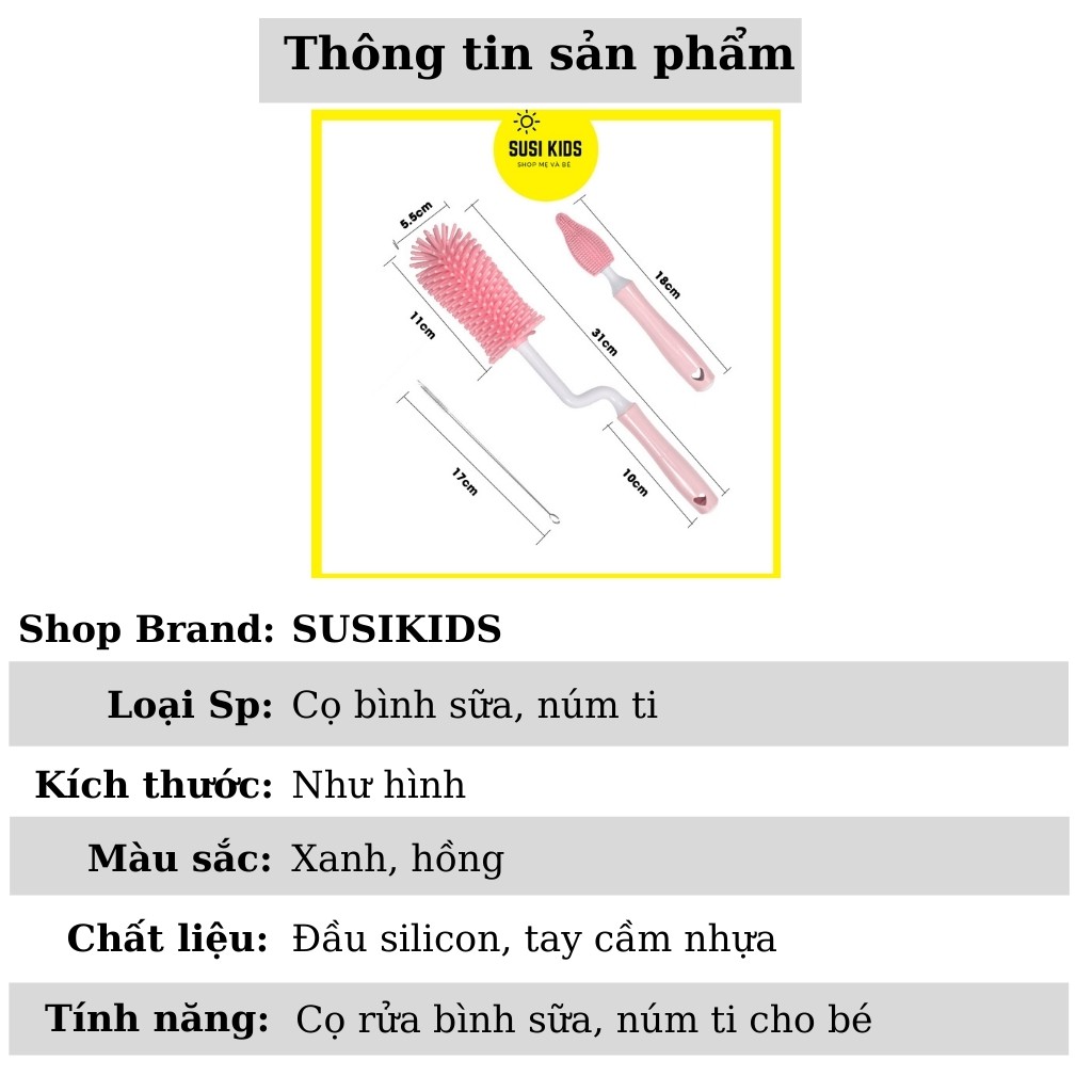 Bộ cọ rửa bình sữa silicon 3 chi tiết cho bé cao cấp tay cầm xoay 360 độ - Susikids