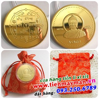 Tiền xu hình Phật Thích Ca - tăng kèm túi rồng phụng