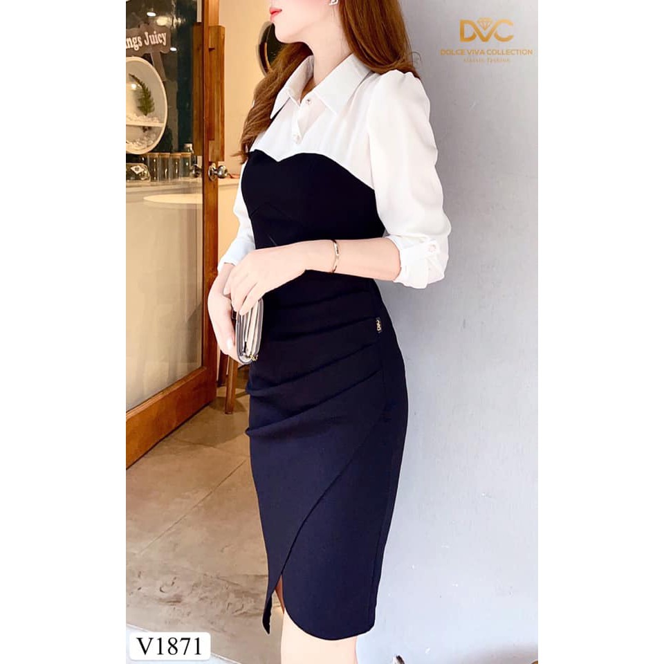 Váy đen tay trắng vạt chéo V1871 - Đẹp HP DVC (Kèm ảnh thật trải sàn do shop tự chụp)