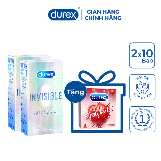 Bộ 2 Bao cao su Durex Invisible (10 bao/hộp, size 52mm) + Tặng 1 hộp Durex Sensual Strawberry (3 bao/hộp)