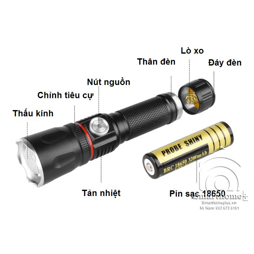 Đèn pin siêu sáng quân sự mỹ T6-S186 cự lý chiếu sáng xa trăm mét kim LED trên thân chống nước tốt