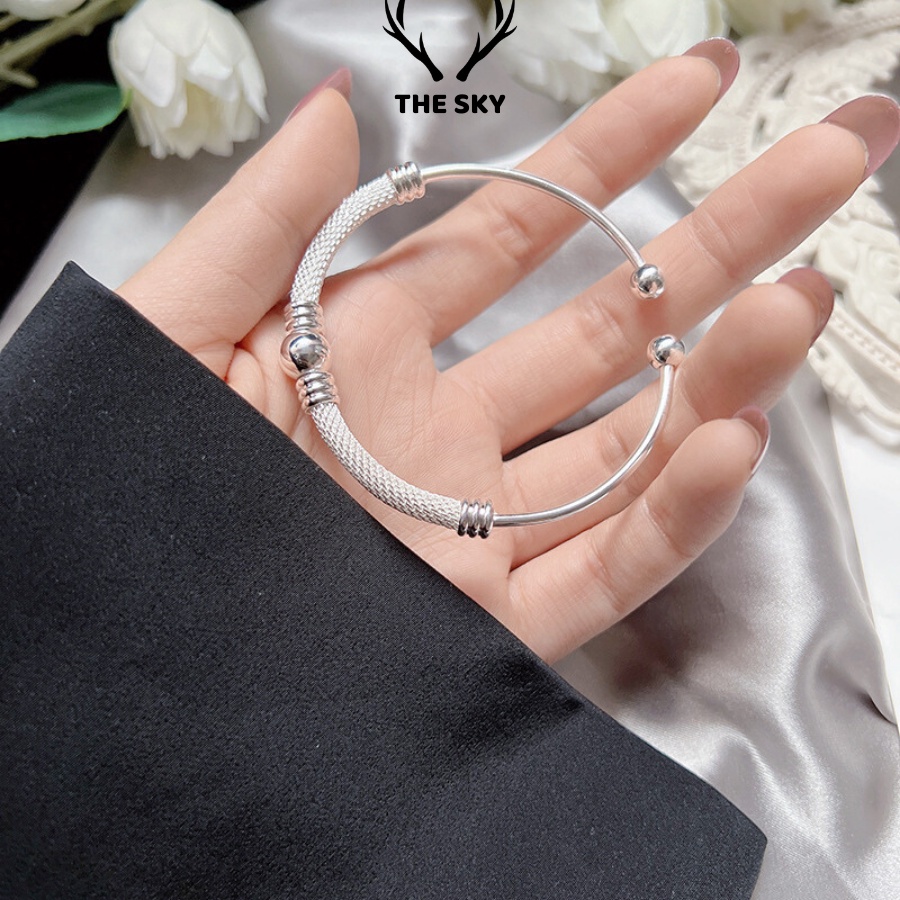 Lắc Tay Bạc Nữ THE SKY VT1029 Mẫu Trơn Hở Khắc Nổi Đính Viên Bi Bạc, Kiềng tay nữ chất liệu bạc Ý Phụ Kiện Trang Sức Đẹp