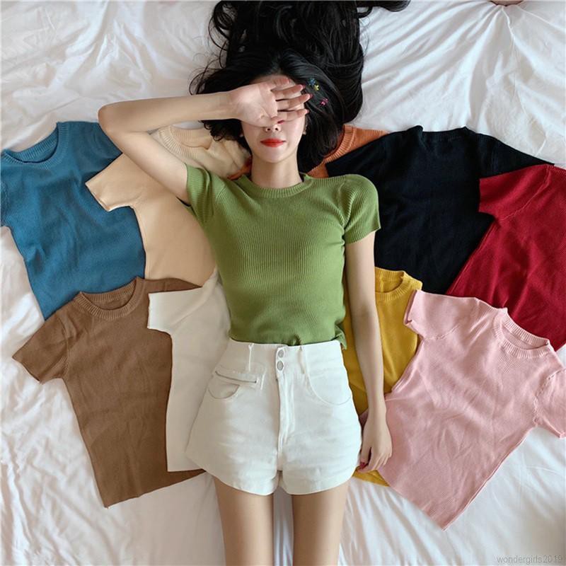 Áo thun nữ ngắn tay cổ tròn kiểu dáng Hàn Quốc