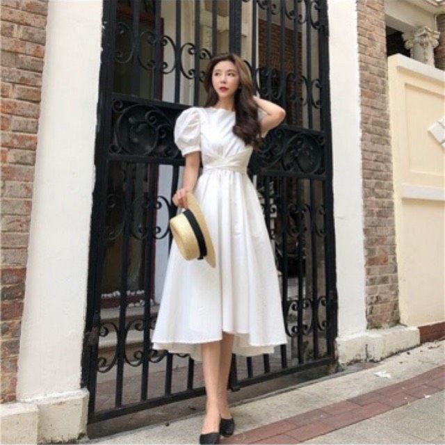 Váy maxi tay phồng nơ eo