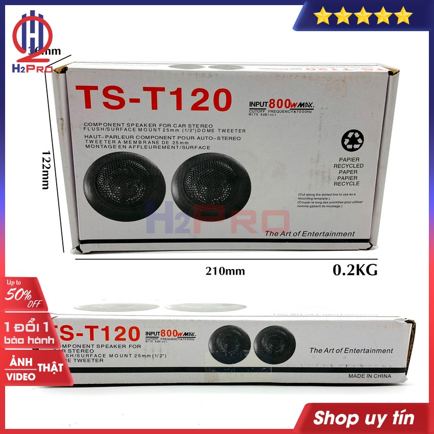 Đôi Loa Treble Ts-T120 Cao Cấp 250W-4 Ôm Dùng Trên Ô Tô, Xe Hơi Âm Thanh Trong Trẻo, Lắp Vừa Hầu Hết Xe Oto-H2Pro Tech