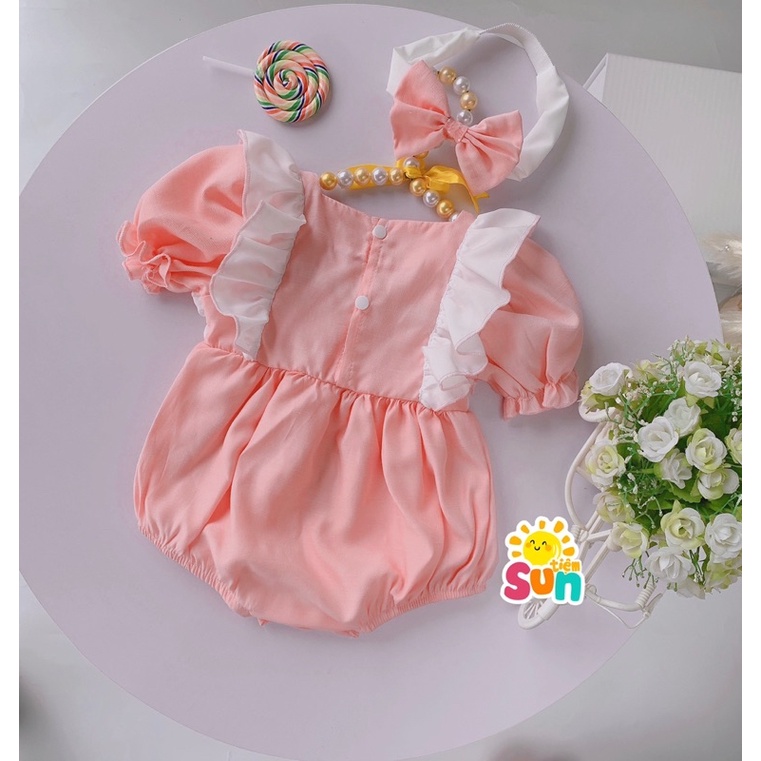 𝗧𝗮̣̆𝗻𝗴 𝘁𝘂𝗿𝗯𝗮𝗻 Body cộc tay cho bé gái size 4-10kg, vải đũi lạnh mềm mát, hàng thiết kế xịn đẹp, B hồng cổ cách điệu