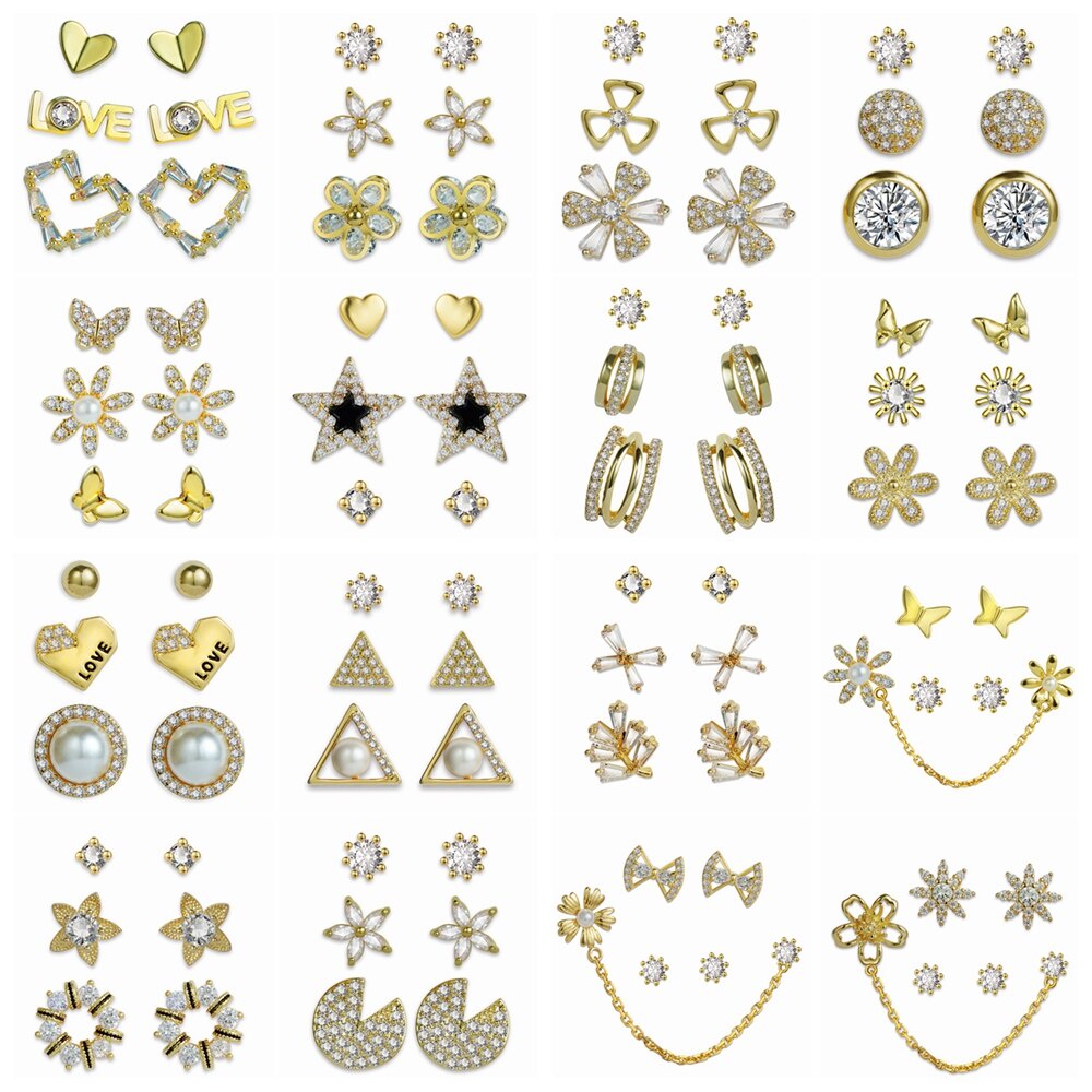 Set 3 Đôi Khuyên Tai Mạ Vàng 18K Đính Đá Thời Trang Cho Nữ