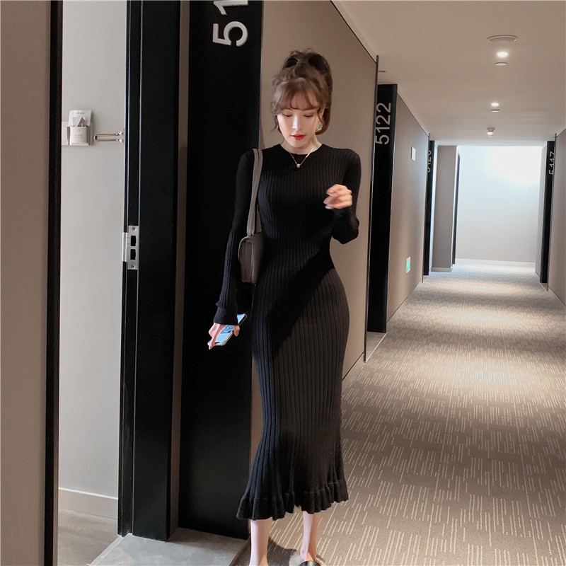 Đầm Len Dệt Kim Đuôi Cá Dáng Dài Qua Gối Thời Trang Thu Đông Hàn Quốc Hàng Mới 2020 Cho Nữ