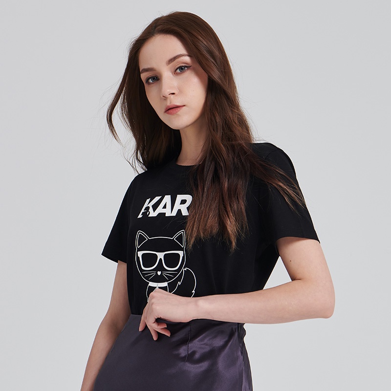 Áo Thun Tay Ngắn Màu Trơn In Hoạt Hình Karl Lagerfeld Amoi Dành Cho Nữ s-5x