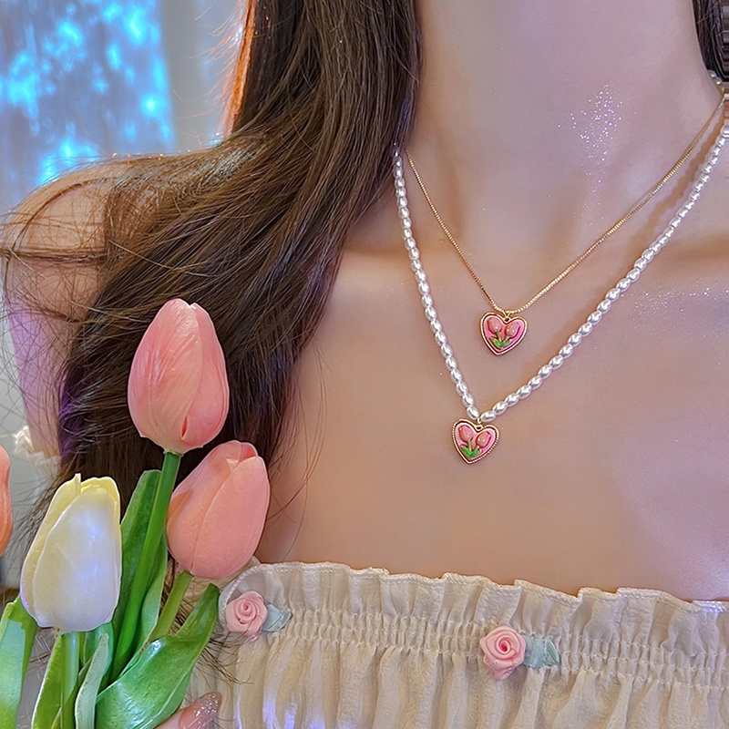 Vòng cổ Mặt Hình Hoa Tulip Đính Ngọc Trai