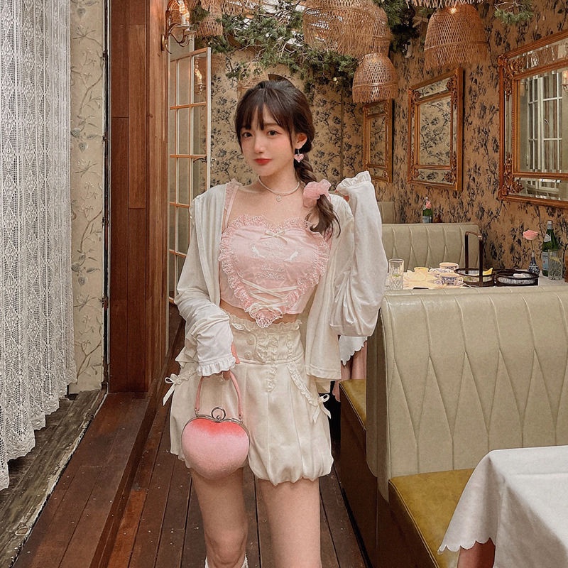 Áo hai dây phối ren đính nơ phong cách công chúa ngọt ngào thời trang mùa hè hàng mới dành cho bạn nữ 2021