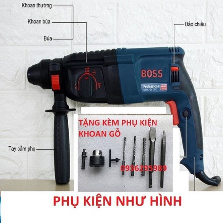 Máy khoan bê tông bosh 2 26 công suất 800W dây đồng 100% kèm bộ phụ kiện đầy đủ như hình